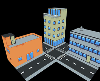 Animated gif of a small low-poly 3d city scene